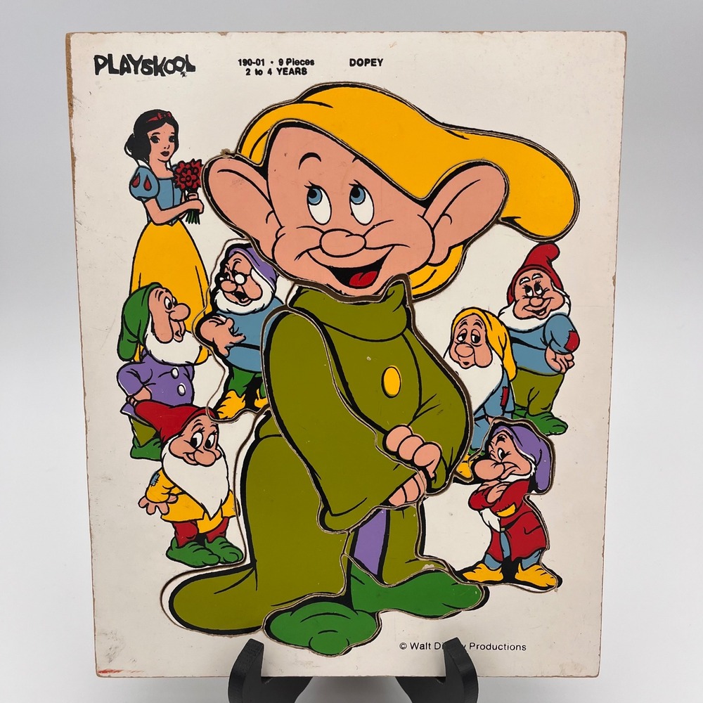 Vintage Playskool Disney Snow White Seven Dwarfs Dopey Wood Tray Puzzle 190-01